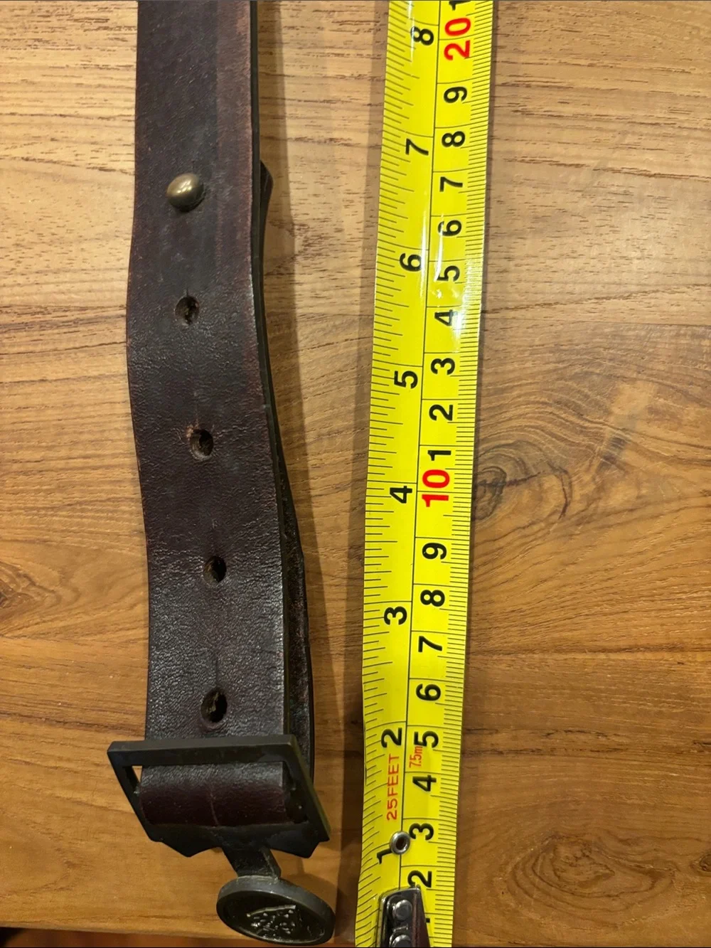 Arrow Brass Round Scout Belt Buckle on Dark Brown Leather